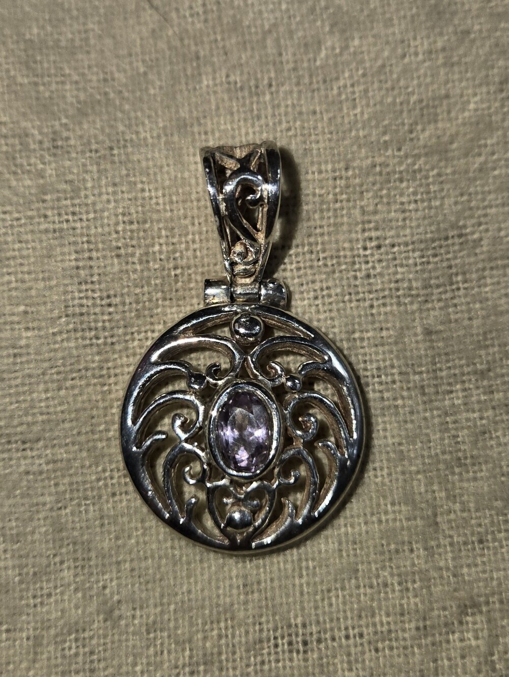Silver Tone Filigree Pendant with Light Purple Gemstone